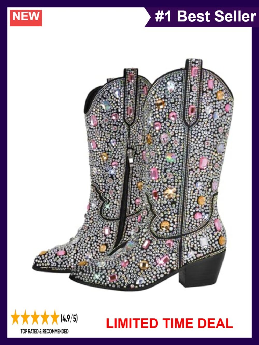 Sparkly Rhinestone Mid Calf Pull On Cowgirl Boots Knee High Faux Suede